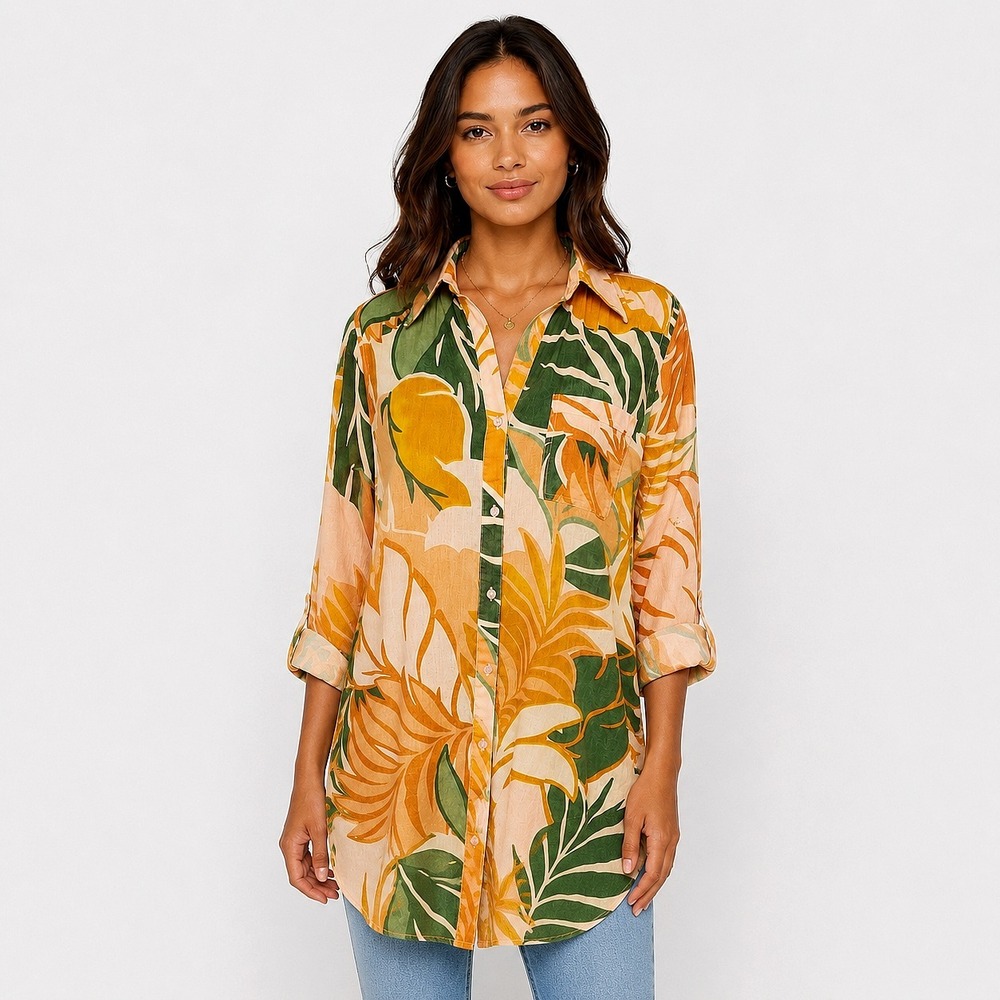 TRUE DESTINATIONS Size XS Cotton Crinkle Tropical Popover Tunic Cruise Resort